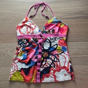 Roxy Y2K Floral Halter Top Medium Button Front Boho Festival